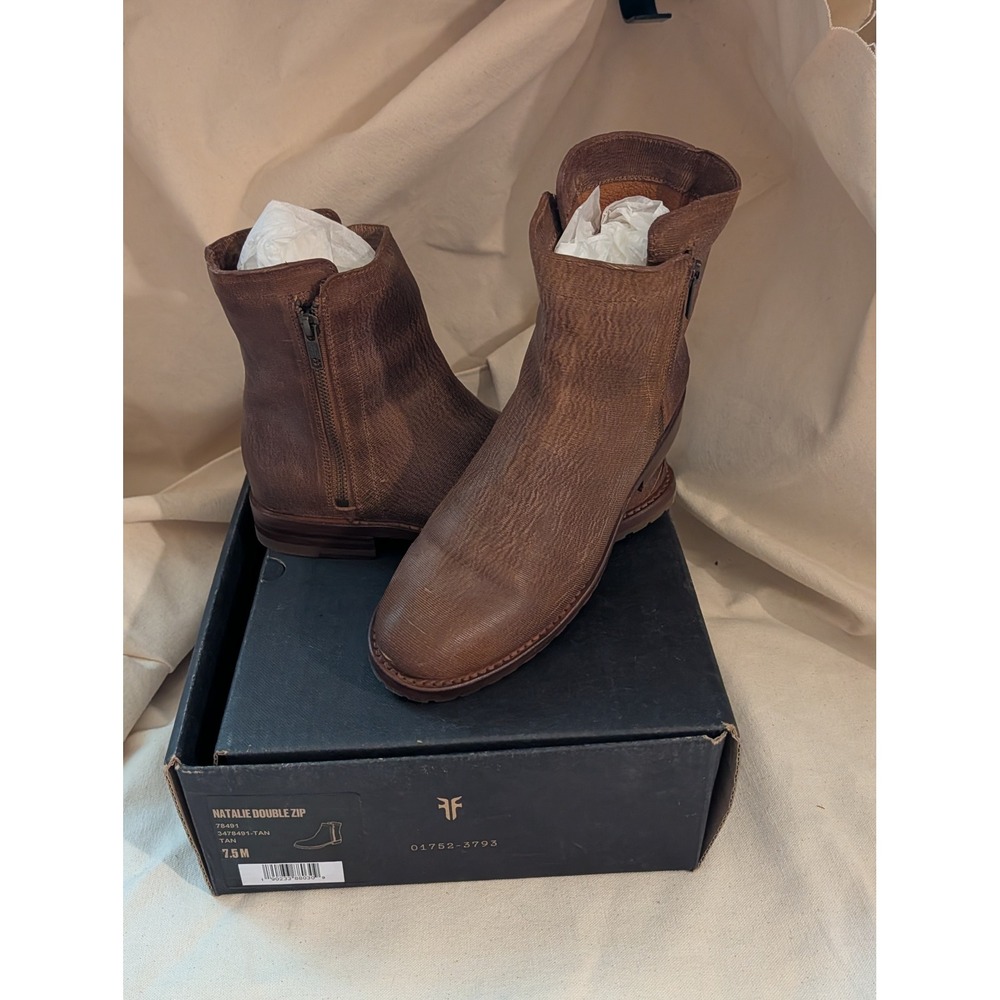 Frye Natalie Double Zip Tan Leather Ankle Boots 78491 7.5M